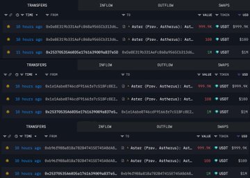 A screenshot of recent transaction records from Aster DEX showing multiple large long positions on the $AKE token, with timestamps from 10 hours ago and notable swap amounts like "999.9K USDT" and "100 USDT" visible. The image displays whale wallet addresses and transaction details that corroborate the reported activity of a mysterious trader opening substantial leveraged long positions on $AKE.