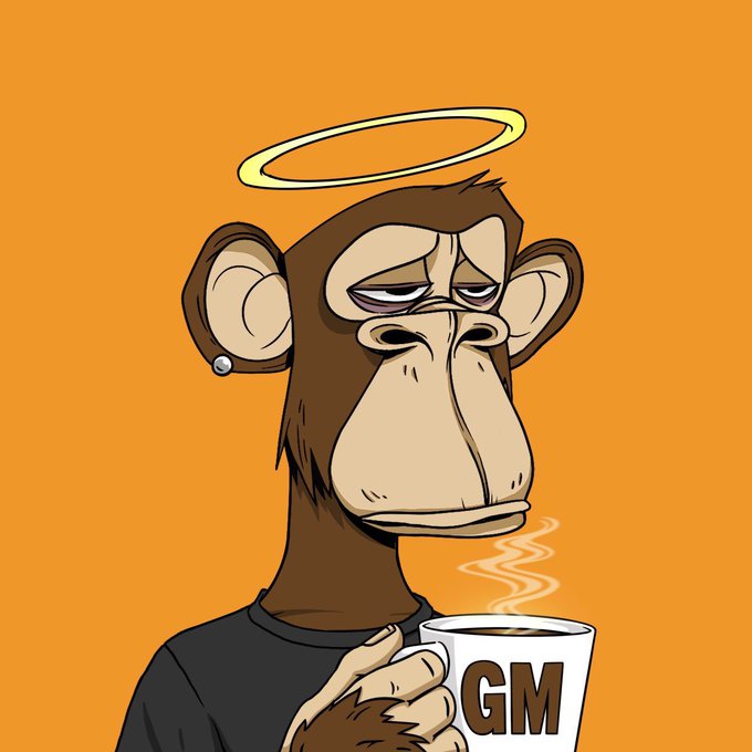A cartoon NFT-style illustration of a bored-looking brown monkey with a yellow halo, an earring, and tired eyes, holding a steaming white mug labeled 'GM' against an orange background.