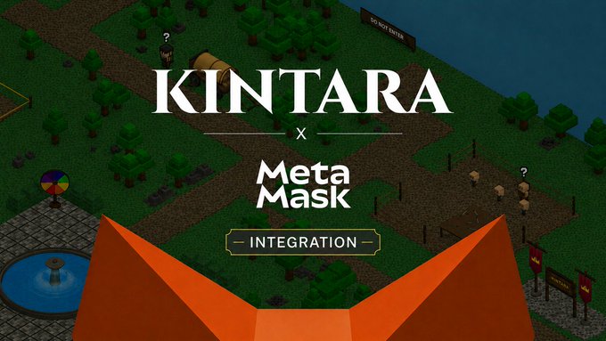 Promotional graphic announcing the Kintara x MetaMask integration, featuring the text "KINTARA x MetaMask — INTEGRATION" over a pixel-art game scene with a "DO NOT ENTER" sign and orange fox ears at the bottom.