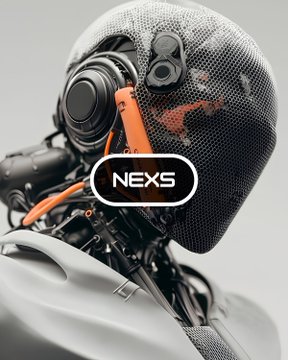 A close-up image of a futuristic humanoid robot head with a mesh covering features a black oval label reading 'NEXS'.