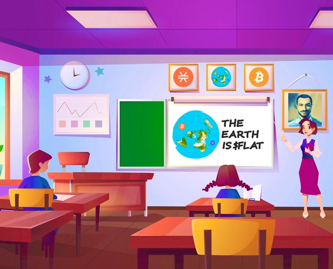An illustration of a classroom where a teacher stands by a whiteboard displaying 'THE EARTH IS $FLAT' alongside pictures of Bitcoin, Ethereum, and Yen.