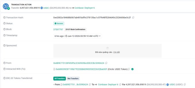 The image shows a screenshot of an online transaction with Bitcoin details displayed prominently on it. The main point of interest seems to be the amount transferred from one account to another, which amounts to 4.2 billion USDC. This massive transaction showcases a substantial amount of digital currency flowing between users and is the largest transaction ever recorded in Bitcoin history, making it the most significant event in recent times.
