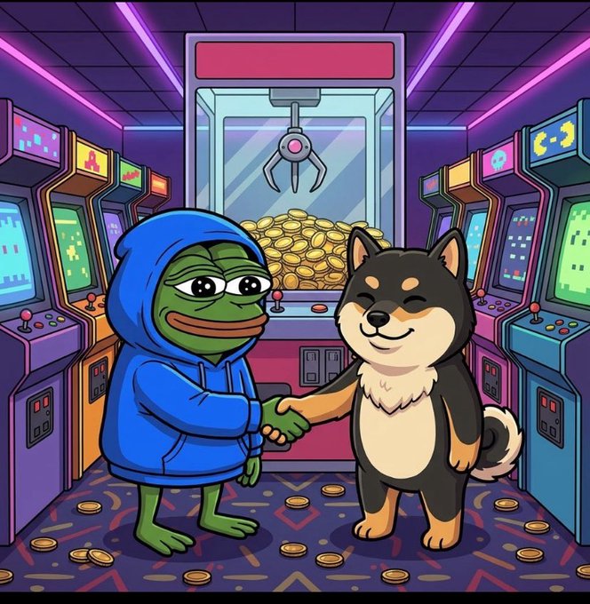 A cartoon illustration depicting the Pepe the Frog character wearing a blue hoodie shaking hands with a Shiba Inu dog inside a neon-lit arcade filled with claw machines, slot machines, and a pile of gold coins.
