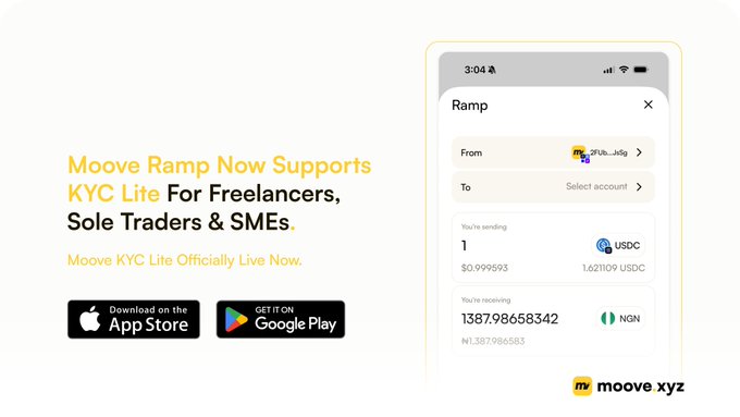 An advertisement for 'Moove Ramp' announcing it now supports KYC Lite for freelancers, sole traders, and SMEs, featuring App Store and Google Play download buttons.