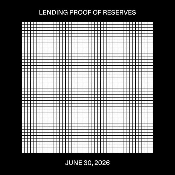 The image displays a black square with the white text "LENDING PROOF OF RESERVES" at the top and "JUNE 30, 2026" at the bottom, with an empty grid in the center, representing Strike's Q2 Lending Proof of Reserves where an independent accounting firm verified 1:1 customer collateral coverage with no exceptions.