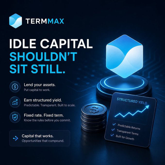 A digital promotional graphic for "TERMMAX" with the headline "IDLE CAPITAL SHOULDN'T SIT STILL," advertising features like "Lend your assets," "Earn structured yield," and "Fixed rate. Fixed term," alongside imagery of stacked coins and a glowing blue cube.