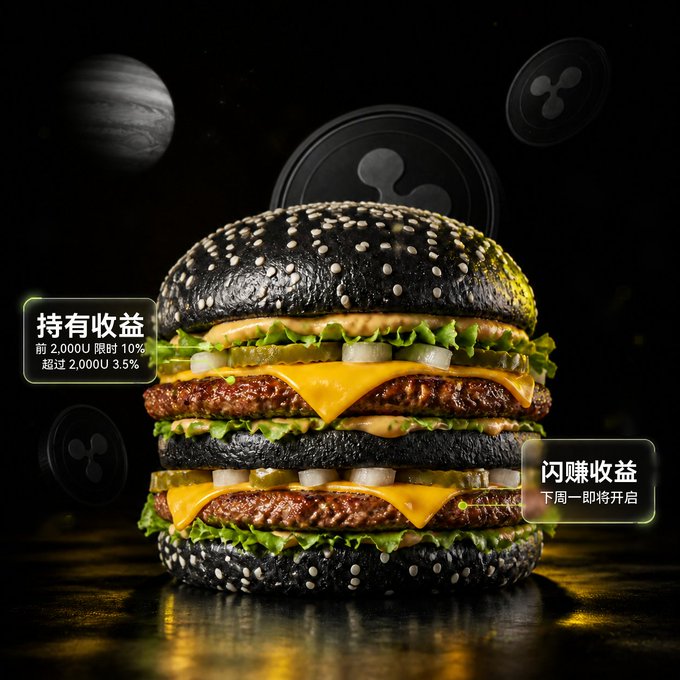 A double-layer burger with black sesame buns is displayed against a dark cosmic background featuring the Ripple (XRP) logo and floating coins. Chinese text overlays advertise "持有收益" (Holding Yield) with tiered returns—10% on the first 2,000 RLUSD and 3.5% above that—alongside a teaser for "闪赚收益" (Flash Earn Yield) opening next week, tying the indulgent burger imagery to RLUSD's yield promotion.