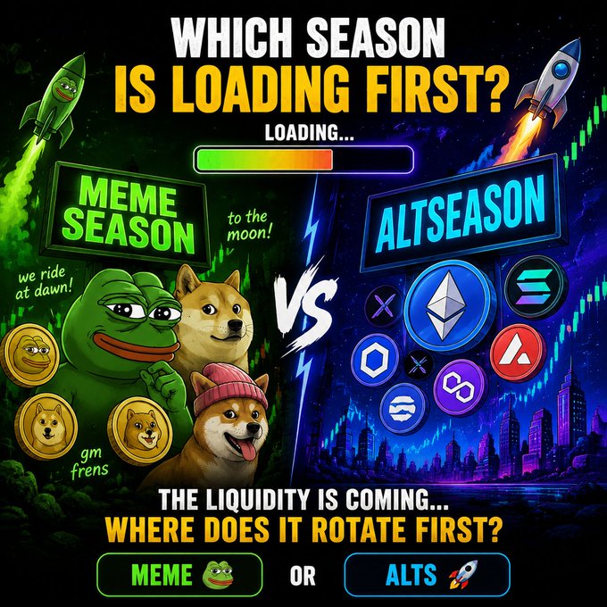 A crypto promotional image titled 'WHICH SEASON IS LOADING FIRST?' comparing 'MEME SEASON' featuring Pepe and Doge characters against 'ALTSEASON' with Ethereum, Solana, and other coin logos, asking 'THE LIQUIDITY IS COMING... WHERE DOES IT ROTATE FIRST?'