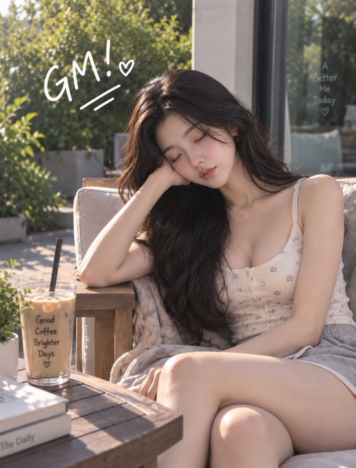 An illustration-style image of a woman with long dark hair sitting at an outdoor café with an iced coffee, overlaid with text 'GM!', 'A Better Me Today', and 'Good Coffee Brighter Days'.