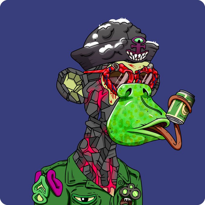 A surreal digital illustration featuring a green frog-like creature with an open chest cavity, alongside a rock golem wearing a cross necklace, set against a dark blue background.