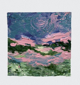 An impressionistic oil painting featuring thick brushstrokes in shades of blue, pink, and green, depicting an abstract landscape or seascape.