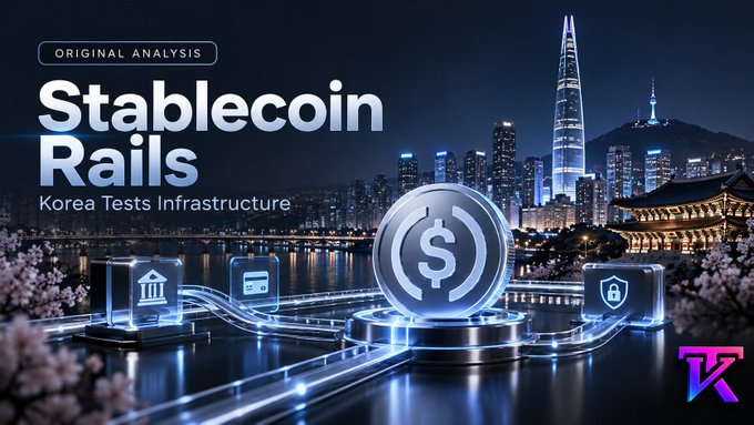 A promotional graphic titled 'Stablecoin Rails: Korea Tests Infrastructure' featuring a large silver dollar coin against a backdrop of a city skyline at night.