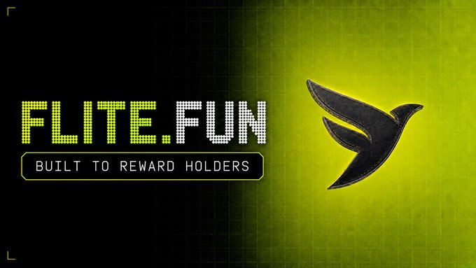 The image displays a promotional banner for "FLITE.FUN" with the tagline "BUILT TO REWARD HOLDERS," featuring a black bird logo against a neon green grid background. This visually reinforces the post's message about Flite.Fun's reliable launchpad platform and its holder-focused reward mechanics as it prepares to list Trump's token on Robinhood Chain.