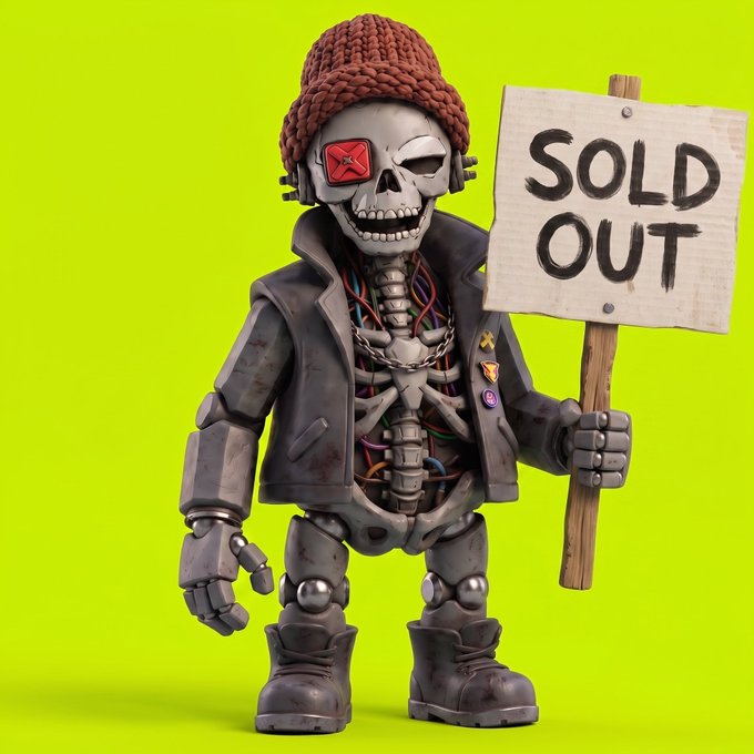 A skeleton toy figure wearing a knit beanie, leather jacket, and boots holds a wooden sign reading "SOLD OUT" against a bright yellow background.