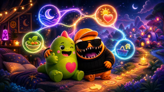 Two cartoonish monster characters, one green and one orange wearing sunglasses, sit together under a glowing night sky with magical orbs showing symbols of sleep, health, food, and home.
