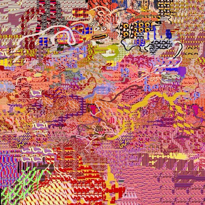 A chaotic, highly colorful abstract digital artwork filled with intricate patterns, glitch-like textures, and a dense mix of reds, pinks, yellows, and blues.