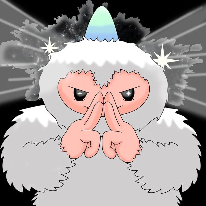 The image features a cartoon character, possibly a monster or an elf-like creature with white fur, wearing a hat that has blue and green colors. The character appears to be making a peace sign with their hands while looking directly at the camera. The background of the image is black, which contrasts with the colorful elements on the character's outfit. There are also some stars scattered around in the background, adding to the overall visual appeal of the scene.