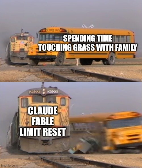 A meme using a train and school bus collision format, where the school bus labeled 'SPENDING TIME TOUCHING GRASS WITH FAMILY' is hit by a train labeled 'CLAUDE FABLE LIMIT RESET'.