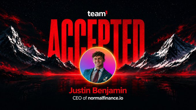 A Team1 'ACCEPTED' graphic featuring a photo of 'Justin Benjamin, CEO of normalfinance.io' set against a dramatic red mountain landscape.