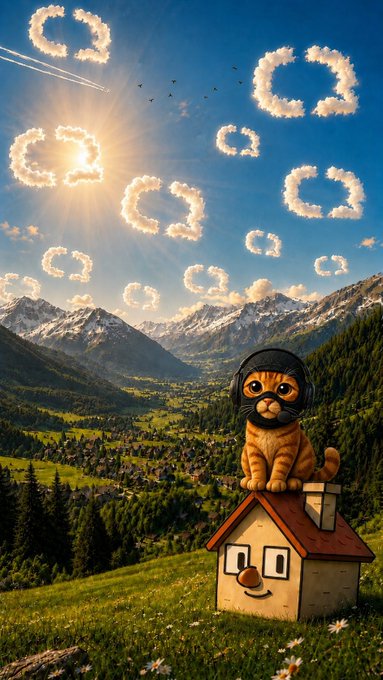 The image features a cartoon cat sitting atop a small house with a roof, surrounded by a lush green field dotted with flowers. The sky above them is filled with numerous clouds of varying sizes, creating an impressionistic scene that captures the essence of nature's beauty. The caption "Catch Catwif $MASK in @CoinComms" suggests that this image might be related to a post on social media or a digital artwork featuring the cat and the house as its subjects.