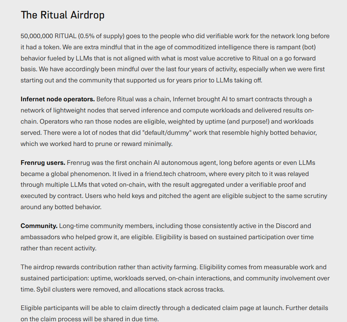 The image outlines Ritual's airdrop details, specifying that 50,000,000 RITUAL (0.5% of supply) will be distributed to three groups: Internet node operators, Frenrug users, and long-time community members, with eligibility based on verifiable work and sustained participation. This directly supports the post's context by confirming the 0.5% airdrop allocation (50 million $RITUAL) to early contributors like node operators and community members prior to mainnet launch.
