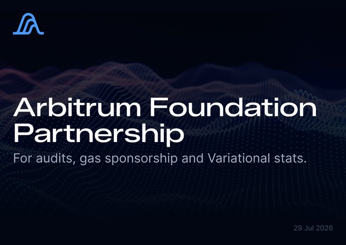 A dark-themed graphic announces an "Arbitrum Foundation Partnership" focused on audits, gas sponsorship, and Variational stats, dated 29 Jul 2026. The design features a stylized "A" logo and subtle purple wave patterns, visually reinforcing the collaboration between Arbitrum and Variational highlighted in the post.
