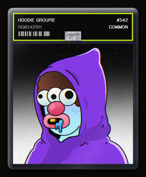 A digital trading card features a cartoon character with three eyes wearing a purple hoodie, labeled 'HOODIE GROUPIE #342 COMMON' with the identifier 'HG0342RH'.