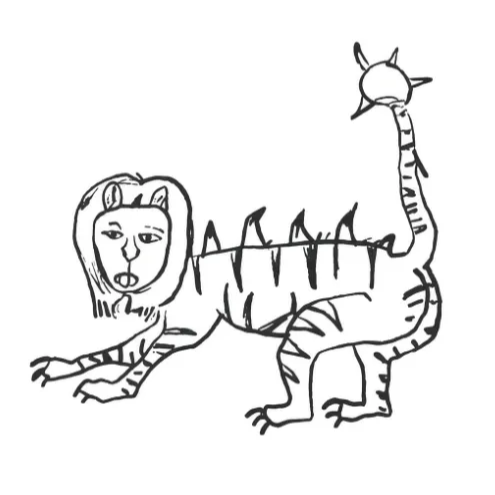 A crude black-and-white sketch of a cat-like creature with a human-like face, a spiky back, and an oddly proportioned body with a horned tail.