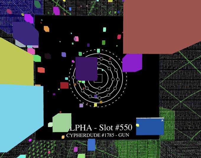 A colorful digital abstract artwork featuring geometric shapes, concentric circles, and glitch effects, with text reading 'LPHA - Slot #550' and 'CYPHERDUDE #1785 - GUN'.