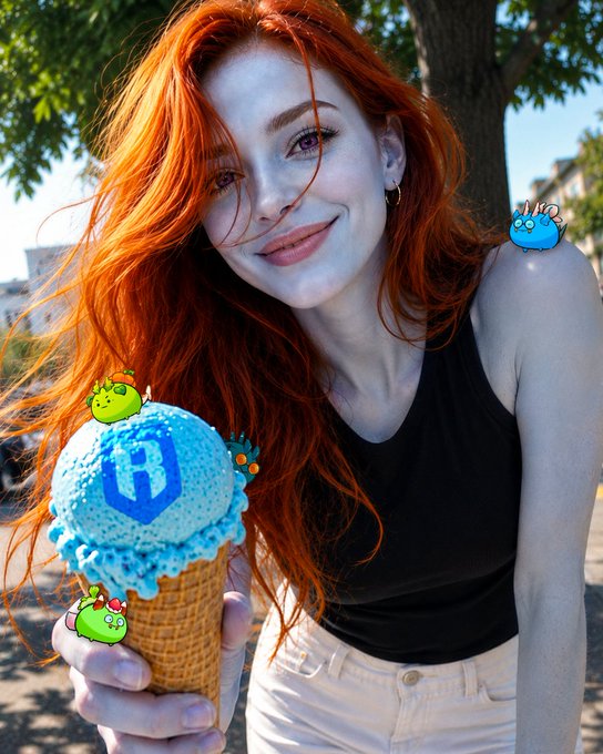 A young woman with long red hair in a black tank top smiles while holding a blue ice cream cone decorated with a 'B' logo, with small cartoon monster graphics overlaid on the image.