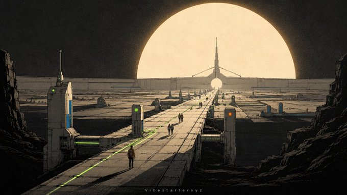 A sci-fi illustration of figures walking along a futuristic causeway toward a distant spire silhouetted against a massive sun, signed 'vibestarterxyz'.