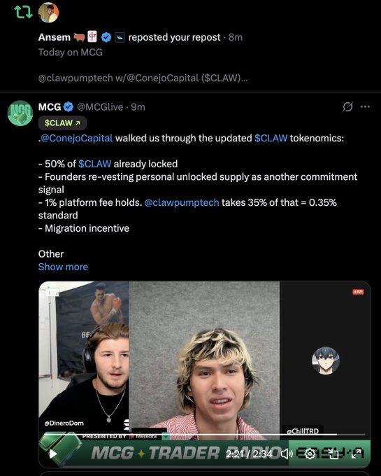 A screenshot of an X post from MCG (@MCGlive) shows @ConejoCapital walking through updated $CLAW tokenomics, including 50% supply locked, founder re-vesting commitments, 1% platform fee with clawpumptech taking 35%, and a migration incentive. Below the text is a video still featuring two speakers ("@DineroDom" and "@ChillTRD") with the MCG + TRADER overlay, which aligns with the caption highlighting MCG's early coverage of @clawpumptech and the agentic economy on Solana.