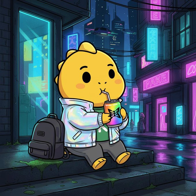 The image features a cartoon character, likely a small yellow dinosaur or frog, sitting on some steps with a backpack beside them. The character appears to be drinking from a can of soda while holding onto their backpack. The scene takes place in an urban setting, possibly at night, as indicated by the neon lights surrounding the area.

The post that caught my attention is titled "most people still treat quantum risk like a future problem even while more wallets and infrastructure move fully onchain". This statement suggests that despite advancements in technology and increased awareness of the importance of securing digital assets, many individuals continue to overlook or downplay the risks associated with Quantum computing. The character's presence in this image serves as a reminder of these potential threats and the need for continued vigilance when it comes to protecting our data and privacy in an increasingly connected world.