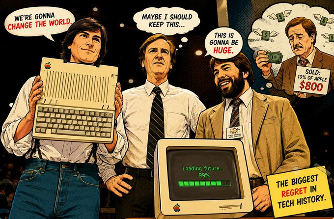 A comic-style illustration depicting three men with Apple computers, featuring speech bubbles like 'WE'RE GONNA CHANGE THE WORLD' and 'MAYBE I SHOULD KEEP THIS...', with a sign reading 'THE BIGGEST REGRET IN TECH HISTORY' and a sale tag showing 'SOLD: 10% OF APPLE $800'.