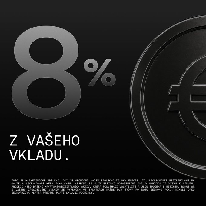 An advertisement with a black background displays '8% Z VAŠEHO VKLADU' (8% from your deposit) alongside a large black coin featuring a euro symbol, with small legal disclaimer text in Czech at the bottom.