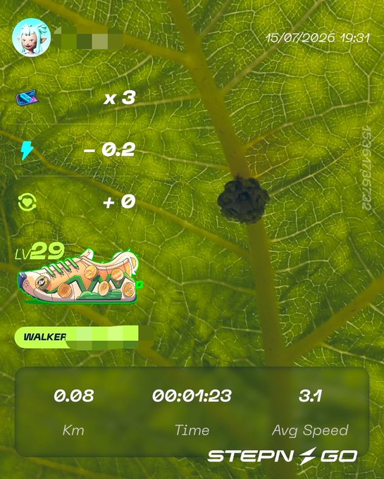 A STEPN GO fitness app screenshot showing a walk activity of 0.08 km in 00:01:23 with a 3.1 avg speed, featuring a level 29 Walker sneaker NFT and a leaf background.