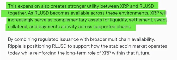 This image highlights how the expansion of RLUSD creates stronger utility between XRP and RLUSD, positioning them as complementary assets for various financial activities. The text directly supports the claim that $XRP and $RLUSD are symbiotic.