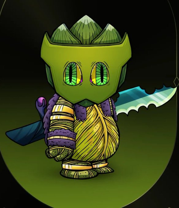 An illustration of a green mummy-like character with large yellow and green eyes, wearing a crown and wielding a blue jagged sword.