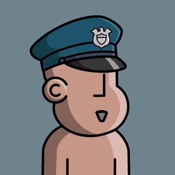 A simple cartoon drawing of a bare-chested figure wearing a blue police cap with a badge, set against a gray background. The post about "5 New Additions to my @npconchain" suggests this image is a playful nod to "officers" of the NPC coin community, with the character humorously depicted as a recruit without a uniform.