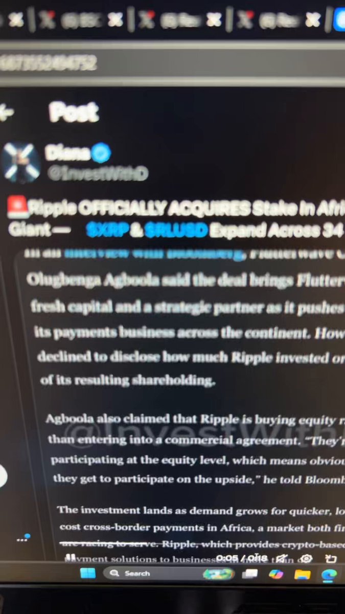 This image shows a computer screen displaying a webpage from a social media platform. The primary focus of this page appears to be an article about Ripple cryptocurrency, with information related to its future potential as a replacement for Bitcoin. The title of the blog post is "Ripple Accquires States In Africa", which suggests that the article may discuss how Ripple has become a significant player in African markets. It further states that Ripple will replace Bitcoin and that XRP will be valued at $3197.27 per XRP. This text indicates an impending change in the cryptocurrency landscape, where Ripple is likely to take its position as a leading digital currency.