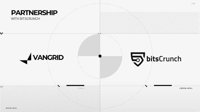 A minimalist graphic announcing a 'PARTNERSHIP WITH BITSCRUNCH,' featuring the VanGrid logo on the left and the bitsCrunch shield logo on the right, separated by a dotted radar-like design.