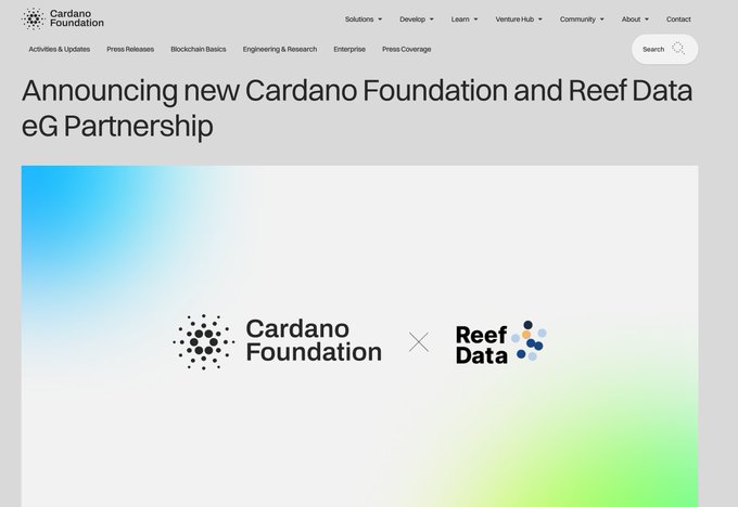 A screenshot from the Cardano Foundation website announcing a new partnership between Cardano Foundation and Reef Data eG, displayed with both logos on a pastel gradient background.