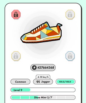 A digital card displaying a colorful Aztec-patterned sneaker labeled "Common" and "Jogger" at level 9, with stats showing "4-10 km/h" and an ID of 427664368.