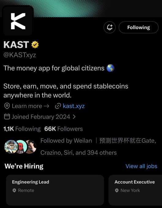The image shows KAST's (@KASTxyz) Twitter/X profile, described as "The money app for global citizens" that allows users to "Store, earn, move, and spend stablecoins anywhere in the world," with 66K followers, 1.1K following, and listings for "We're Hiring" positions including an Engineering Lead (Remote) and Account Executive (New York). The profile relates to the post, which warns users about KAST allegedly giving zero ownership of assets according to their terms and conditions, advising withdrawal of funds like the poster's 4 Figs.

A Twitter profile screenshot for @KASTxyz, self-described as "The money app for global citizens" for stablecoins, with 66K followers, while the accompanying post warns that KAST's terms grant zero asset ownership and advises users to withdraw their funds.