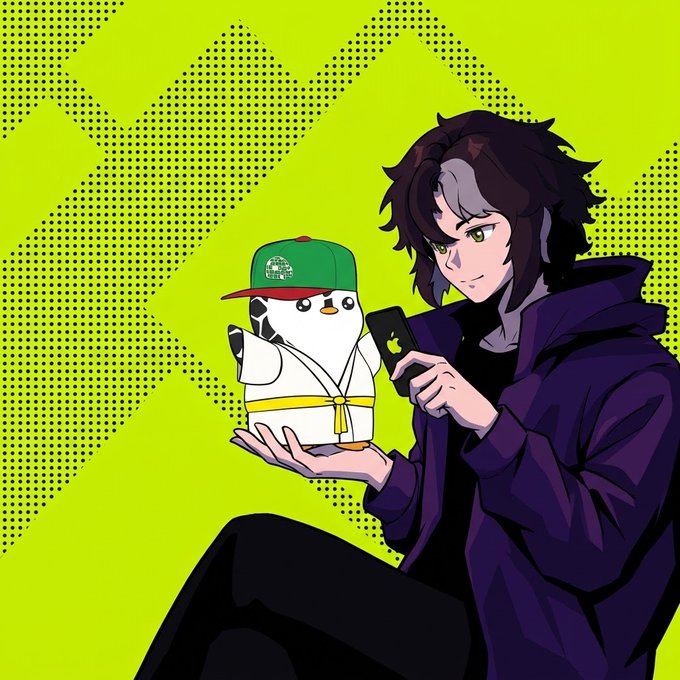 Anime-style digital illustration of a dark-haired character in a purple jacket holding a smartphone alongside a small penguin wearing a green cap and white martial arts uniform, set against a yellow halftone background.