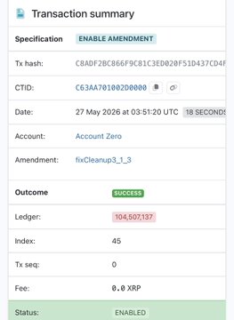 A screenshot of a transaction summary displaying information about a successful transaction, such as 'SUCCESS', '45', '10:56:37', '8', '0.89xRP'. The text indicates that transaction details are available on the screen at this time and will be updated shortly when an enabled user logs in to XRP Ledger.