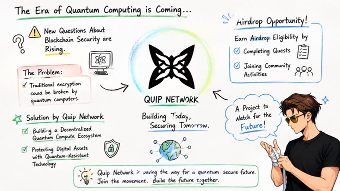 The image features a whiteboard with various diagrams, explanations, and bullet points about Quip Network's work on blockchain security. The main focus of the image is a man wearing sunglasses who appears to be explaining something related to Quip Network or their project. The text in the image provides context for the Quip Network project, which involves building a decentralized quantum-resistant computing ecosystem.