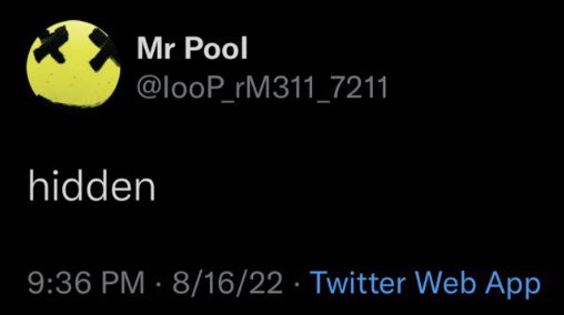 A screenshot of a Twitter post from user "Mr Pool" (@looP_rM311_7211) with an "X-eyed" emoji profile picture, displaying only the single word "hidden" posted at 9:36 PM on 8/16/22 via Twitter Web App.