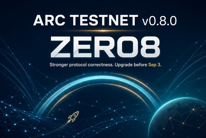 A promotional graphic for 'ARC TESTNET v0.8.0 ZERO8' with the text 'Stronger protocol correctness. Upgrade before Sep 3.' set against a space-themed background with a rocket and planets.