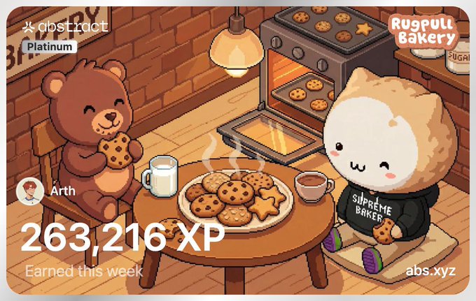 The image features a cartoon scene of two cartoon characters sitting at a table with cookies. One character has a plate full of cookies while the other character has a cup of coffee. The background shows an oven, suggesting that they are in a kitchen setting. There is also text on the image that reads "Abstract Week 69 ATH recap !!! Rugpull Bakery / @OnchainChemists: spent 0.66 ETH / got 0.73ETH ➤ MoG / @onchainheroes: 1,000 marbles (spent 0.03 ETH / payout 0.02 ETH) / tollan / @TollanUniverse: 100,000 stamps". The image is related to the post because it features a cartoon scene of two characters sitting at a table with cookies and coffee, which could be interpreted as a reference to the post's content about the abstract week.